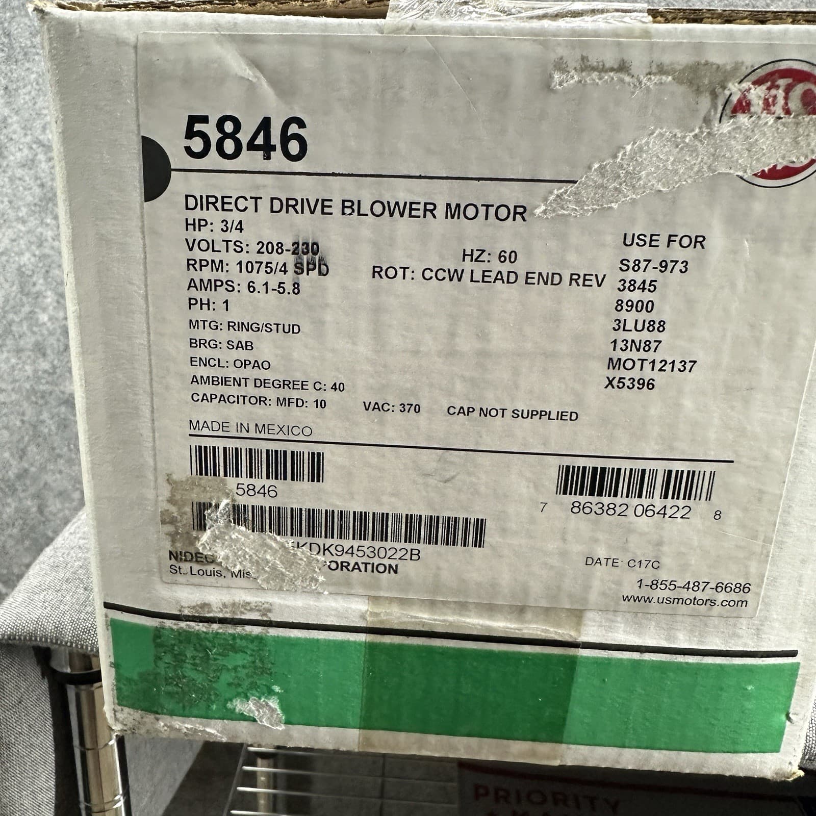 U.S. Motors Nidec 5846 Motor 3/4 Hp 1075 RPM Direct Drive Blower Furnace HVAC 6