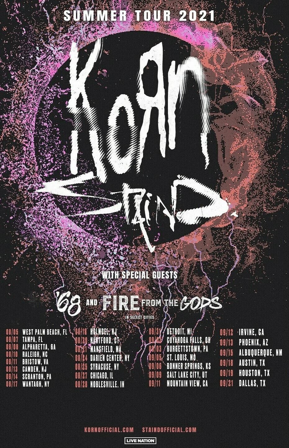 KORN / STAIND / '68 "SUMMER TOUR 2021" U.S. CONCERT POSTER - Nu Metal Rock Music