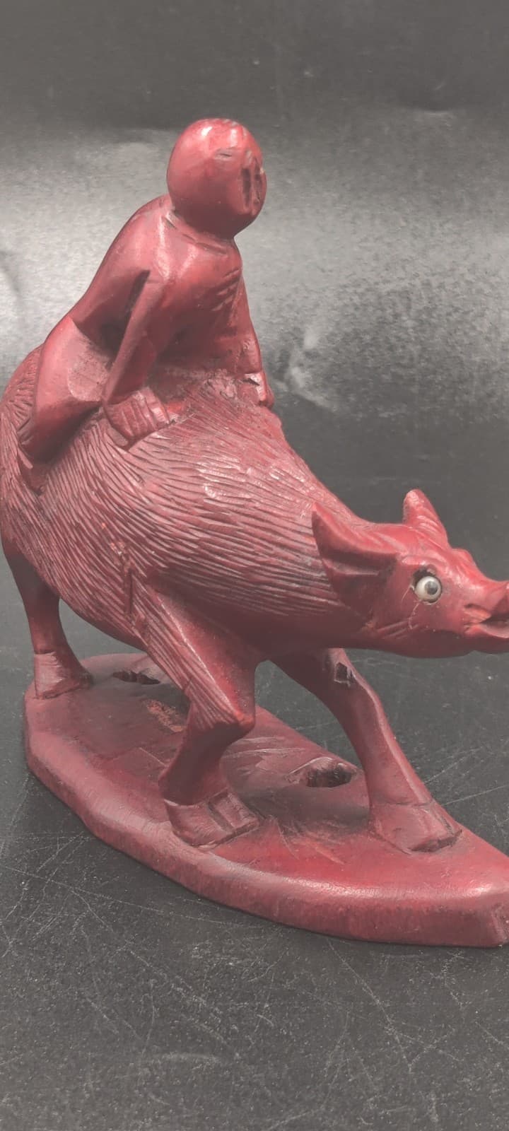 Vintage Creepy Eyes Hand Carved Wood Man Riding Water Buffalo Figurine  5