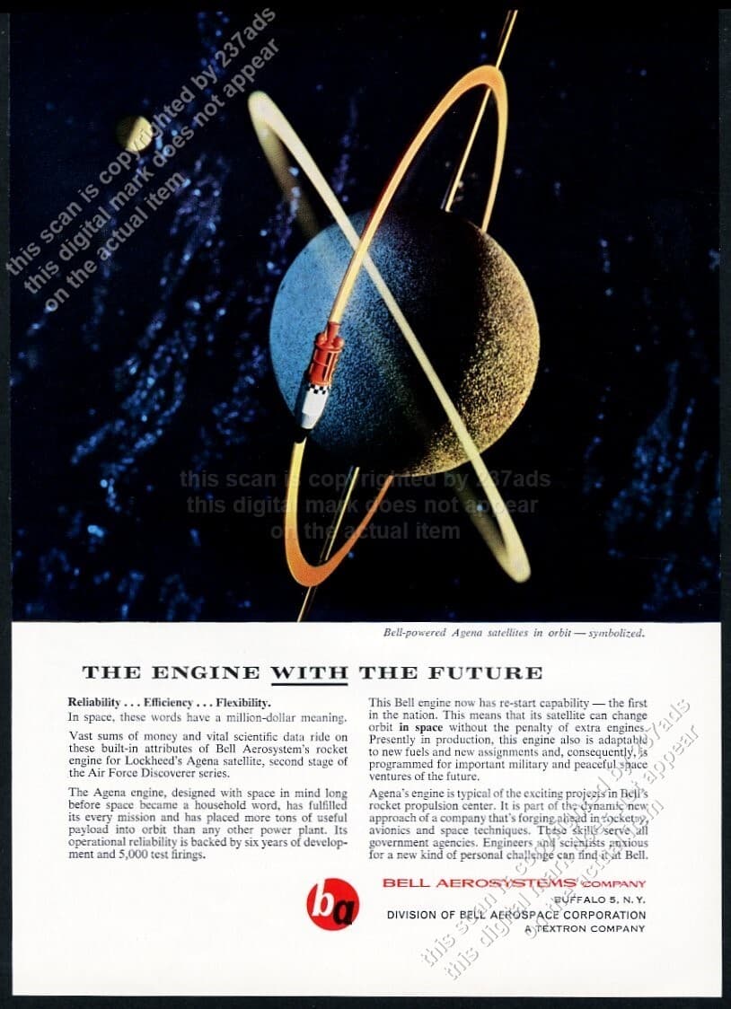 1960 Agena satellite Earth orbit outer space art Bell Aerosystems vtg print ad