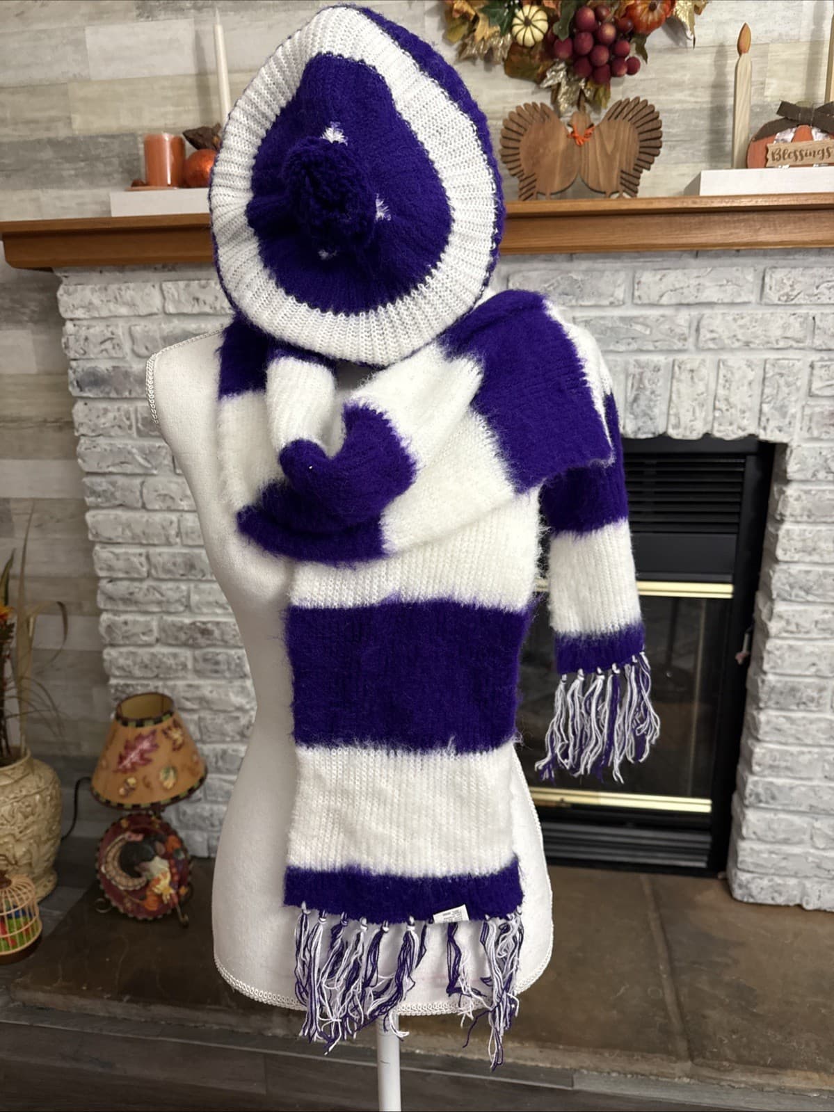 Vintage Sears Winter Scarf Beanie Set Purple White 62" L USA Tag Fringe Soft