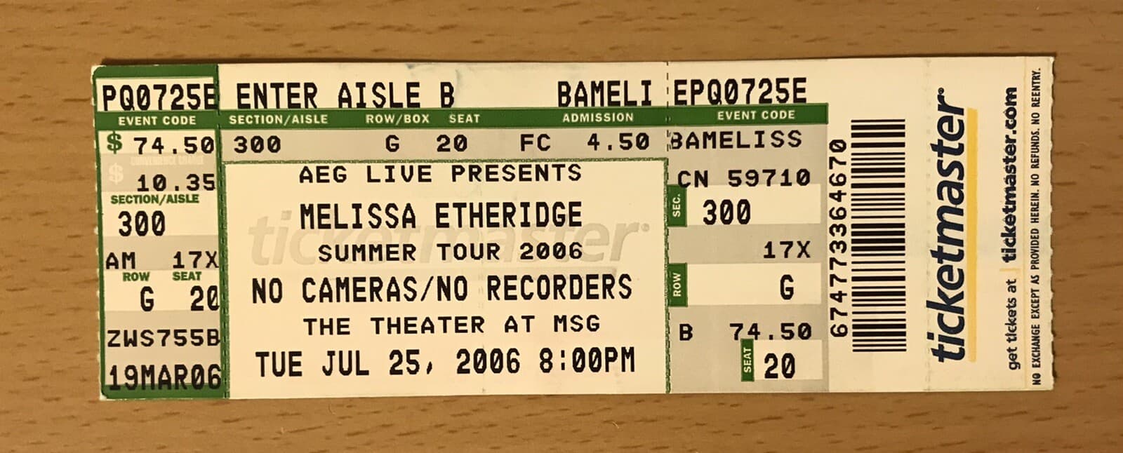 2006 MELISSA ETHERIDGE MADISON SQUARE GARDEN NEW YORK CITY CONCERT TICKET STUB