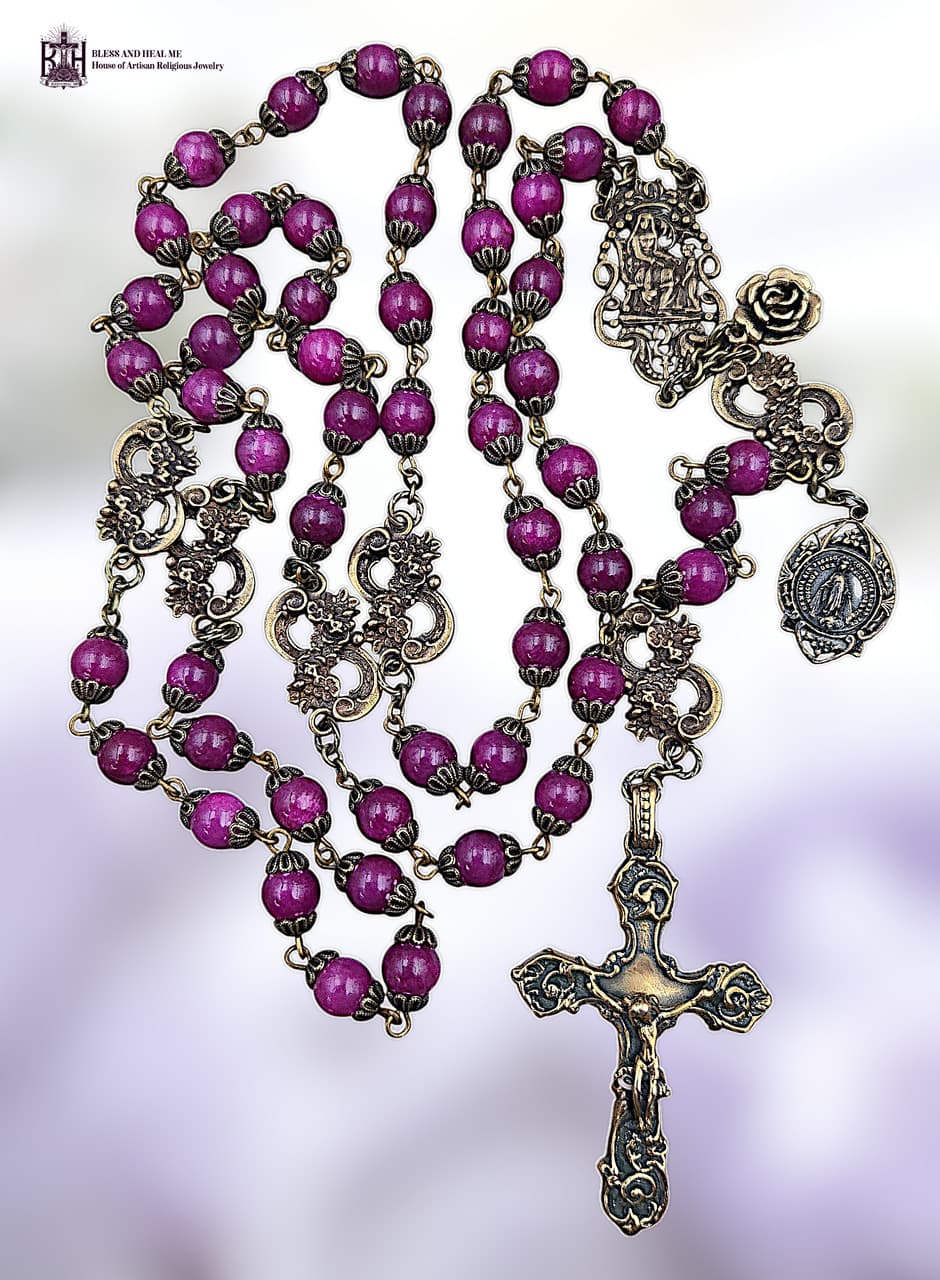 St Anne & Miraculous Mary Heirloom Rosary | Heritage Bronze| Magenta Jade 5