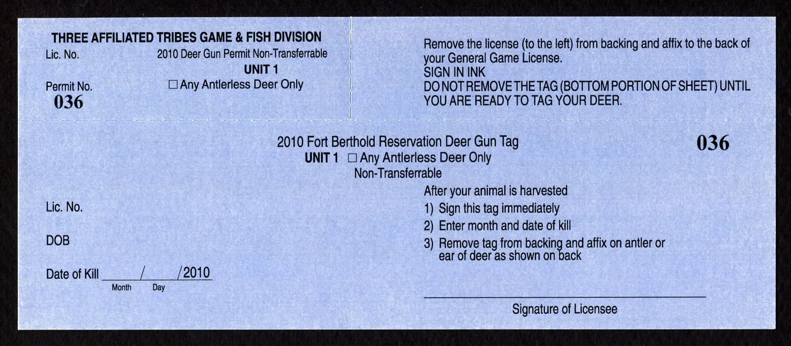 TTD121 Fort Berthold 2010 Anterless Deer Unit 1 Deer Gun Tag Indian Reservation 2