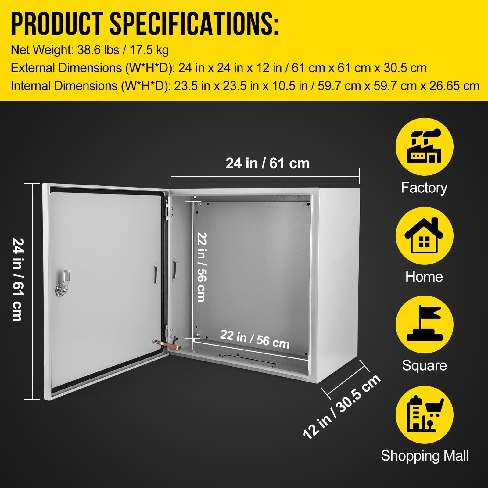 24"Lx24"Hx12"W, IP66 Steel Electrical Enclosure Box with Lock & Waterproof Seal 2