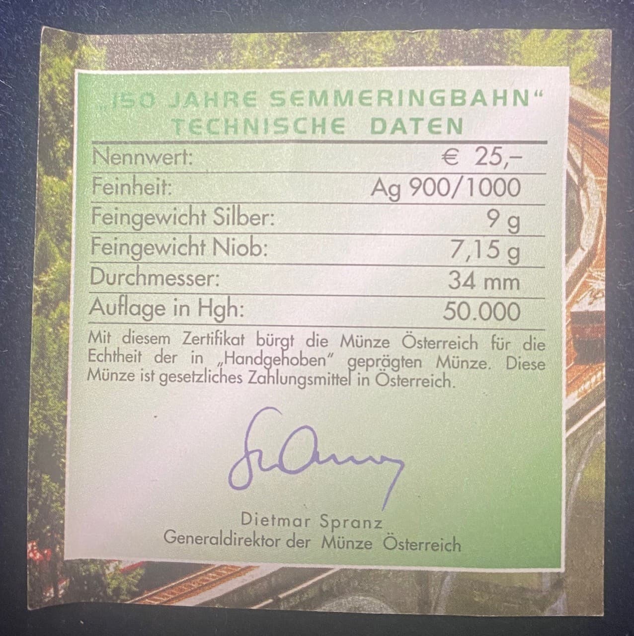 Austria 25 Euro 2004 150 Years Semmering Railway Silver Niobium. Serial#08197 5