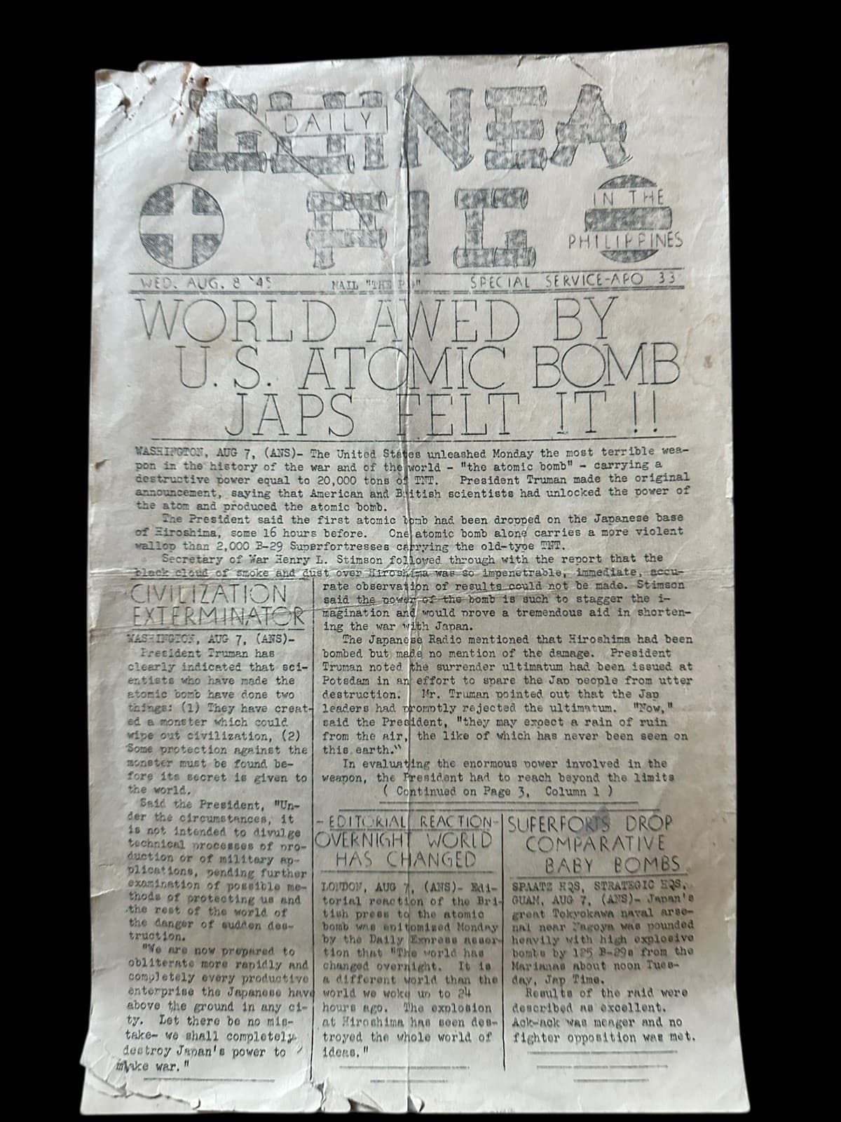 1945 Daily Guinea Pig WWII Atomic Bomb Hiroshima APO 33 Army Paper