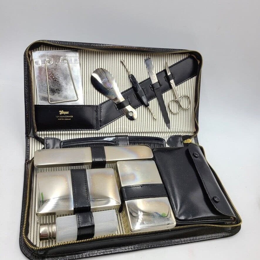 Vintage 60s Noymer Black Travel Vanity Grooming Case Mens Leather Cowhide New 2