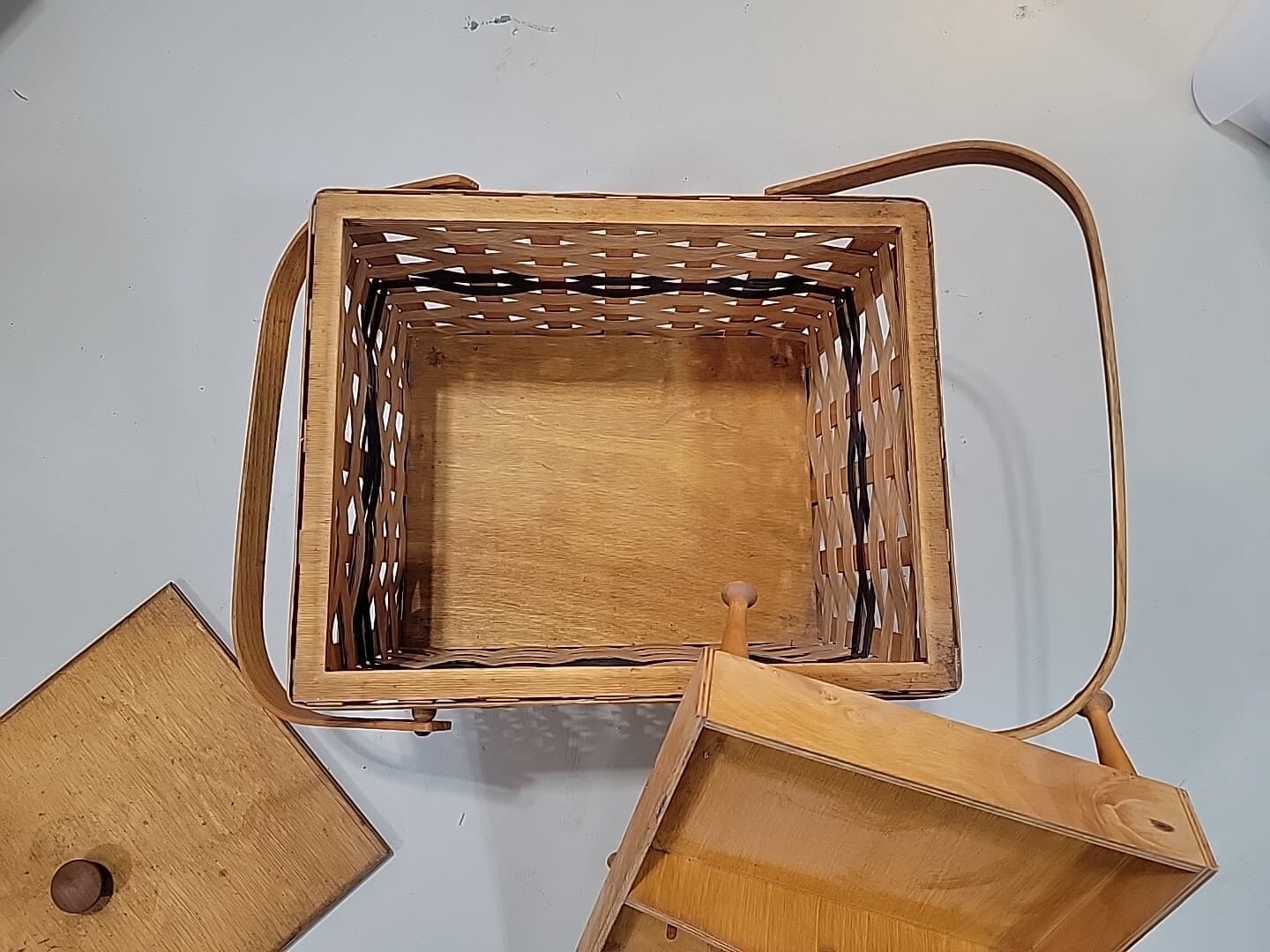 Vintage Handcrafted Signed Wood Basket Weave Large Picnic Basket With Wood Tray 2