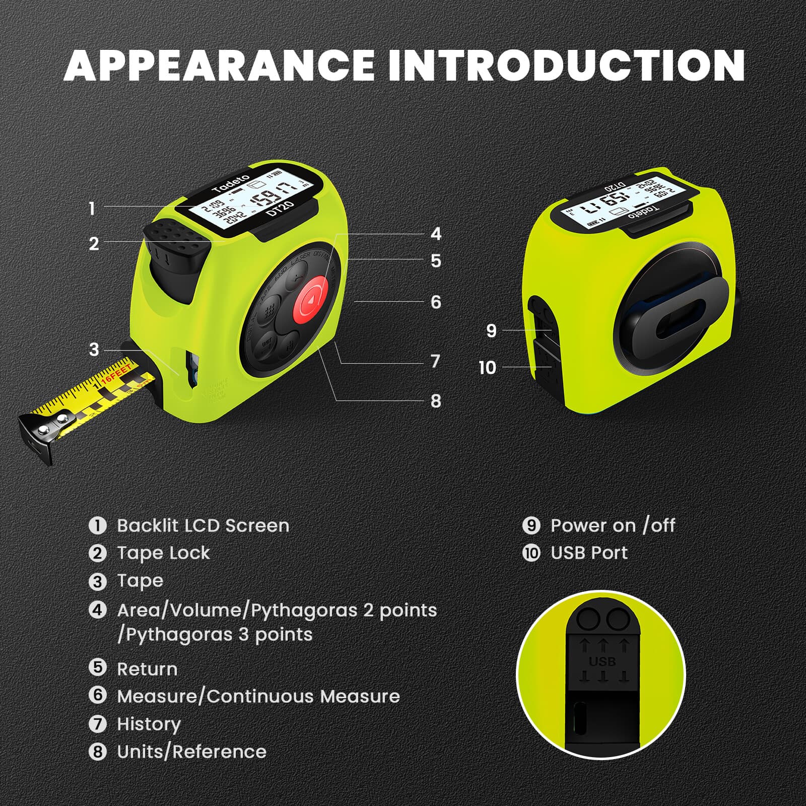 2-in-1 Laser Tape Measure 131ft Rechargeable Laser Measurement Tool Unit Switch 4