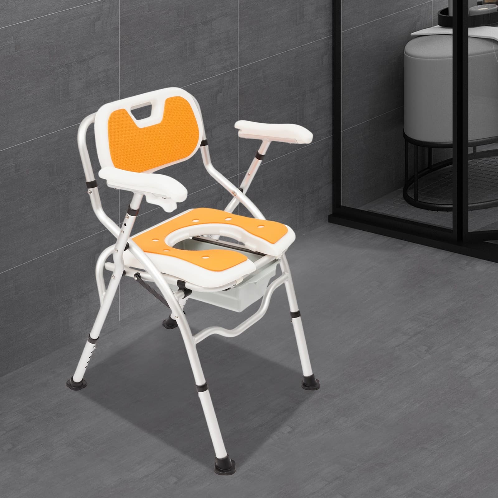 Bedside Adjustable Shower Chair Commode Chair w/Backrest & Armrest Floorstanding 4