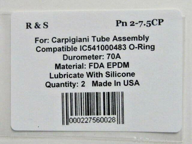 2 Carpigiani Compatible Tube Assembly IC541000483 O-rings / R&S 2-7.5CP/ FDA Mat 2