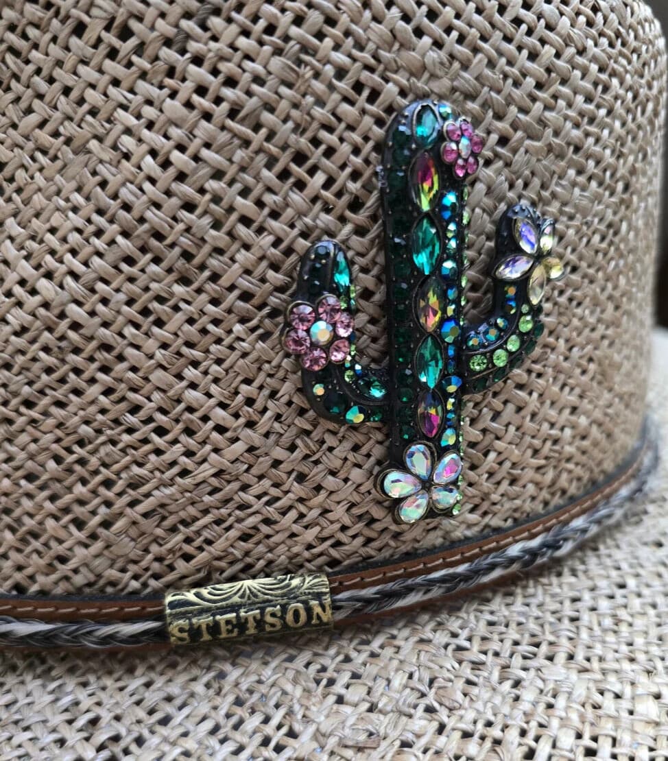 Magnetic jeweled Cactus Brooch set in antique gold tone alloy.  Western brooch 6