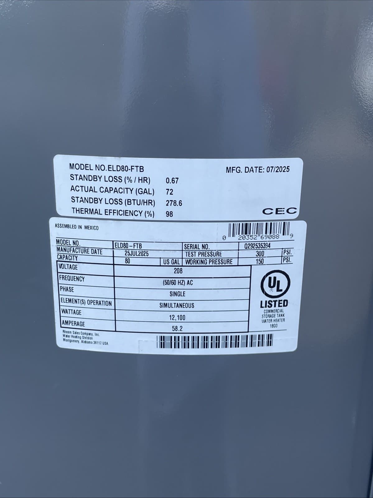 Rheem Eld80-Ftb 240V 80 Gal Electric Water Heater, Single, Three Phase 59.6 In H 2