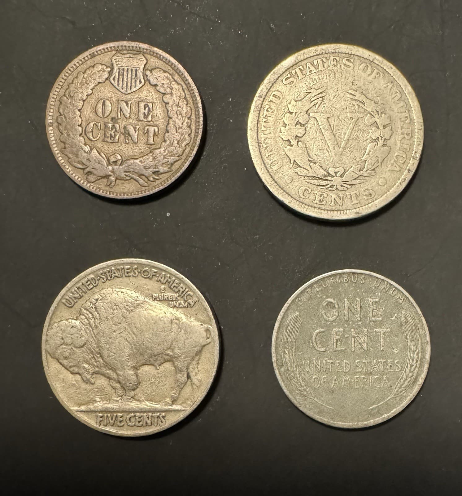 Small Cent US 4 Coin Lot Indian Head Liberty V Nickel Buffalo Nickel Steel Wheat 2