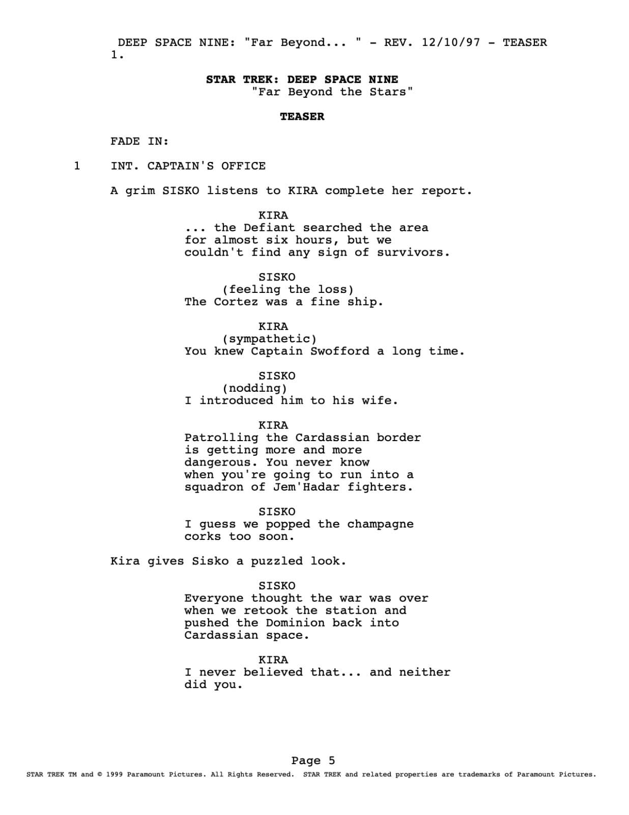 Favorite Star Trek Deep Space 9 Script "Far Beyond the Stars" 1950s - Reprint 4