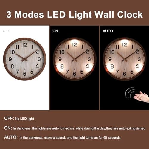  Night Light Wall Clock, 12 Inch Glow in The Dark Illuminated Silent Wood Color 6