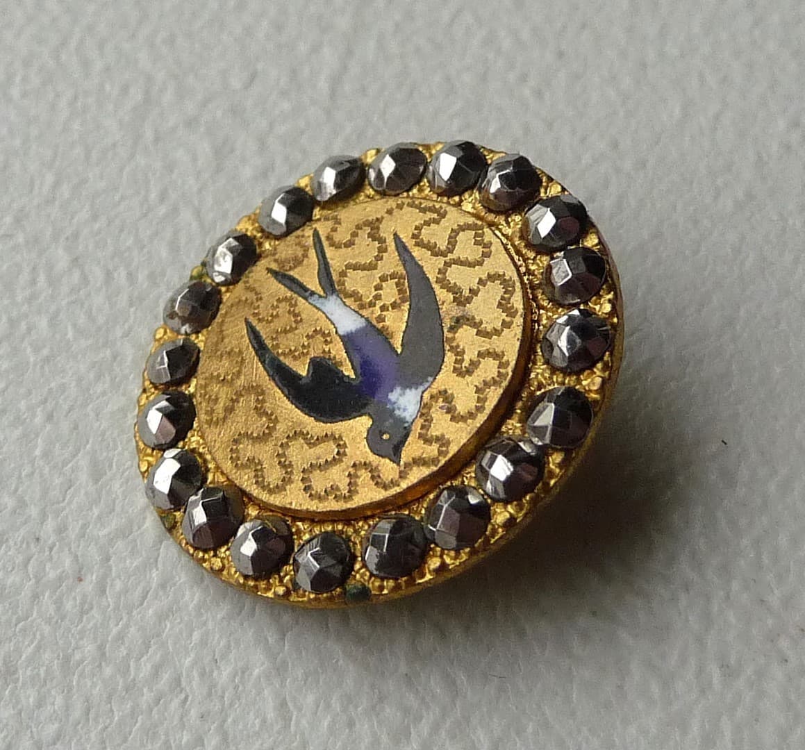 ANTIQUE ENAMEL BUTTON SWALLOW BIRD in FLIGHT w CUT STEEL STUDS 5