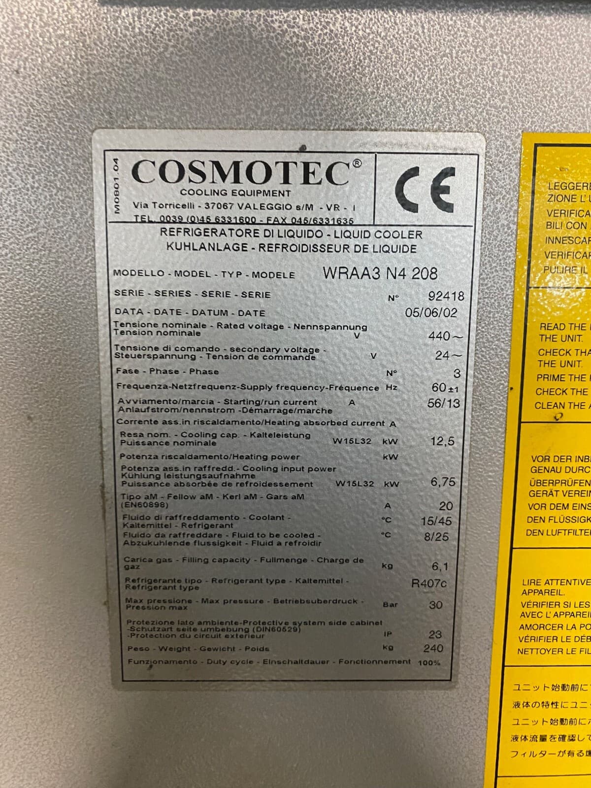 Cosmotec WRAA3 N4 208 Industrial Air-Cooled Liquid Chiller, 12.5 kW 2