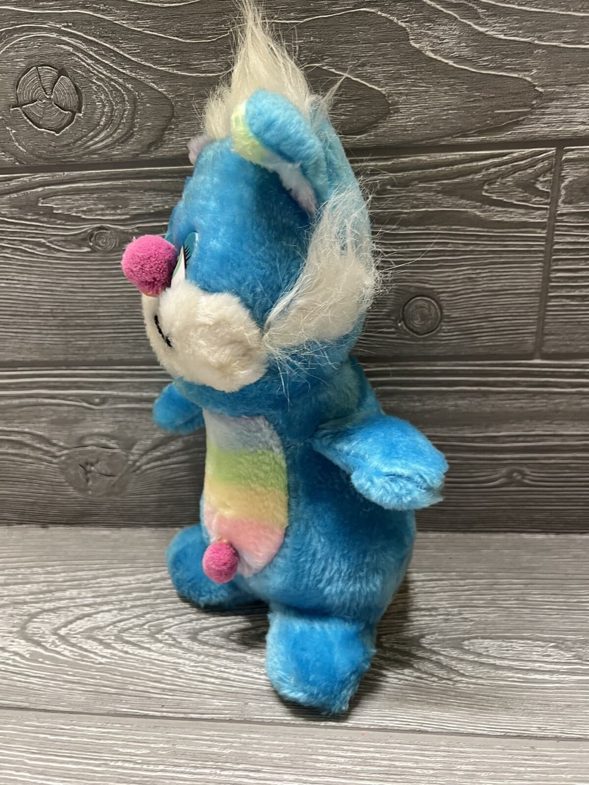 Vintage Blue Bear Critter Plush with Pom Pom Nose & Belly Button Carnival Style 2