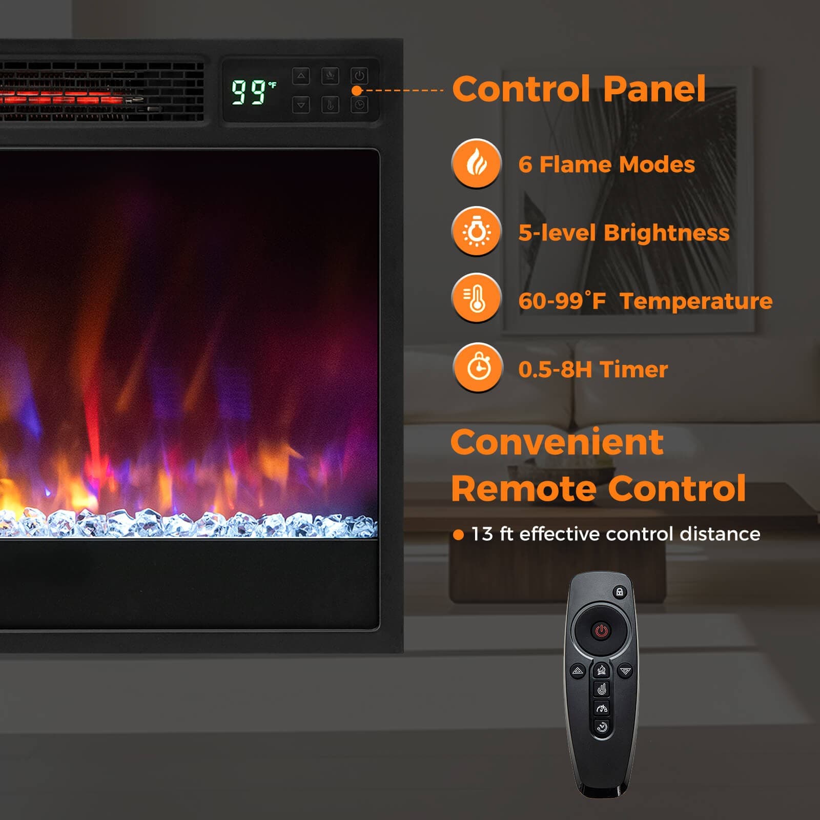 23" Infrared Quartz Electric Fireplace Insert with Remote Control 6