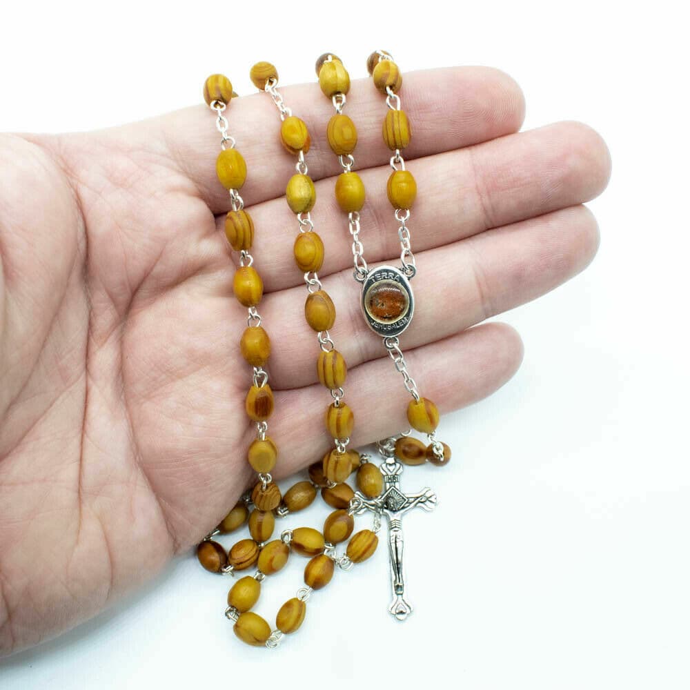 Blessed Catholic Rosary Necklace Olive Wood Oval Beads Jerusalem Soil Crucifix 3