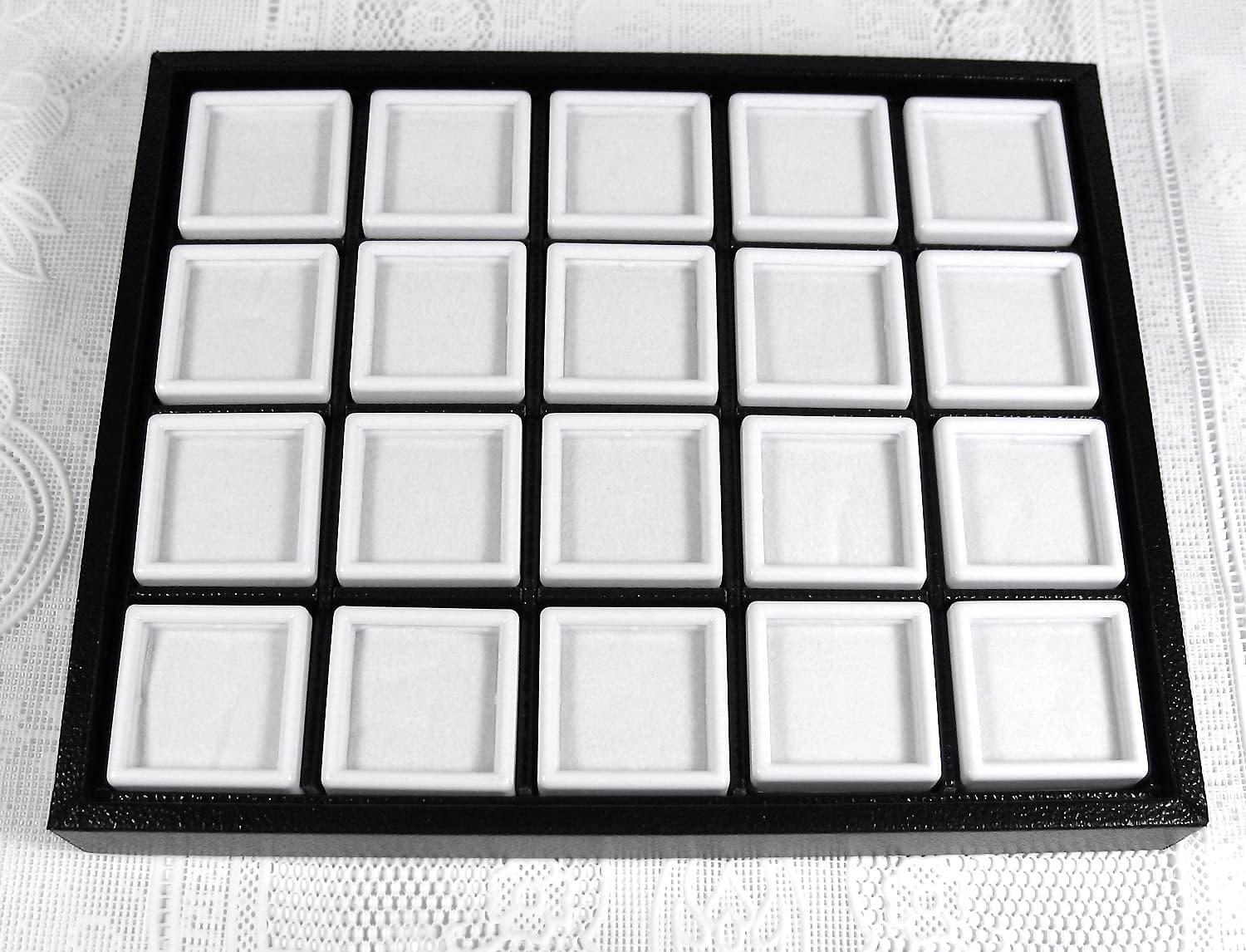 TRAVEL TRAY HOLDER ORGANIZER DISPLAY SHOW CASE GEM 15x18 CM WITH 20 JARS 3X3 CM
