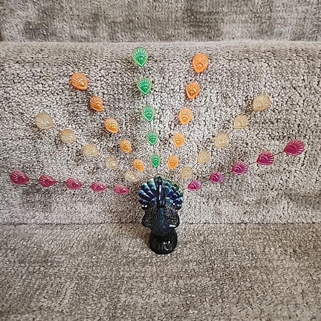 Vintage Plastic MCM Iridescent Peacock w/ Wire Feathers Figure