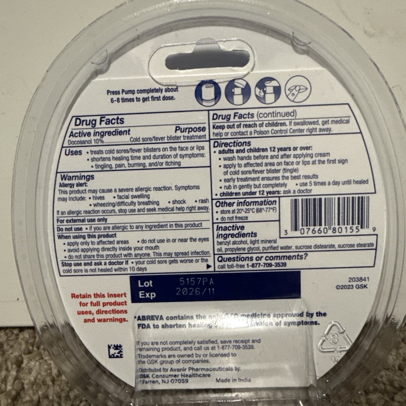 Abreva Cold Sore Fever Blister Treatment Pump 2g (.07 Oz) 2