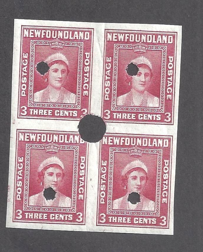 CANADA NEWFOUNDLAND # 255vi IMPERFORATE BLOCK OF 4 WITH SECURITY PUNCH BS30187