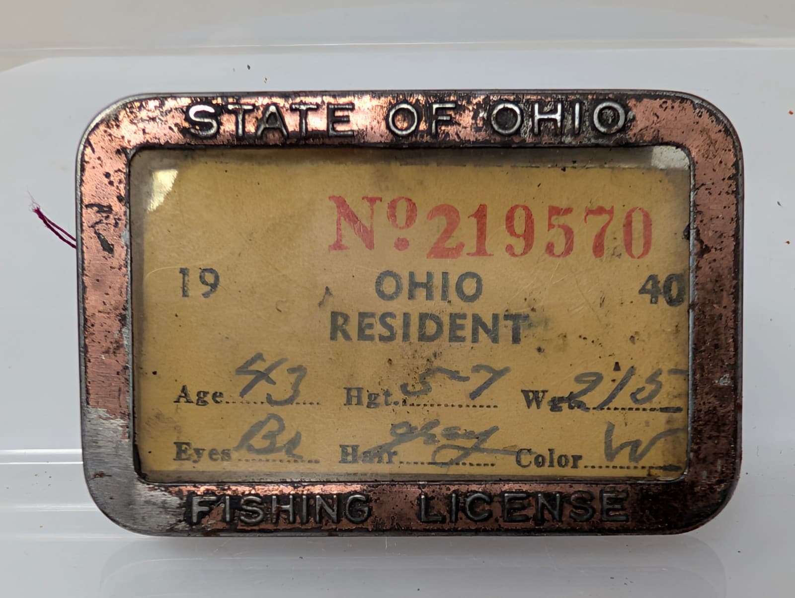 1940 State of OHIO Resident Fishing License Pin-Back Metal Frame Badge