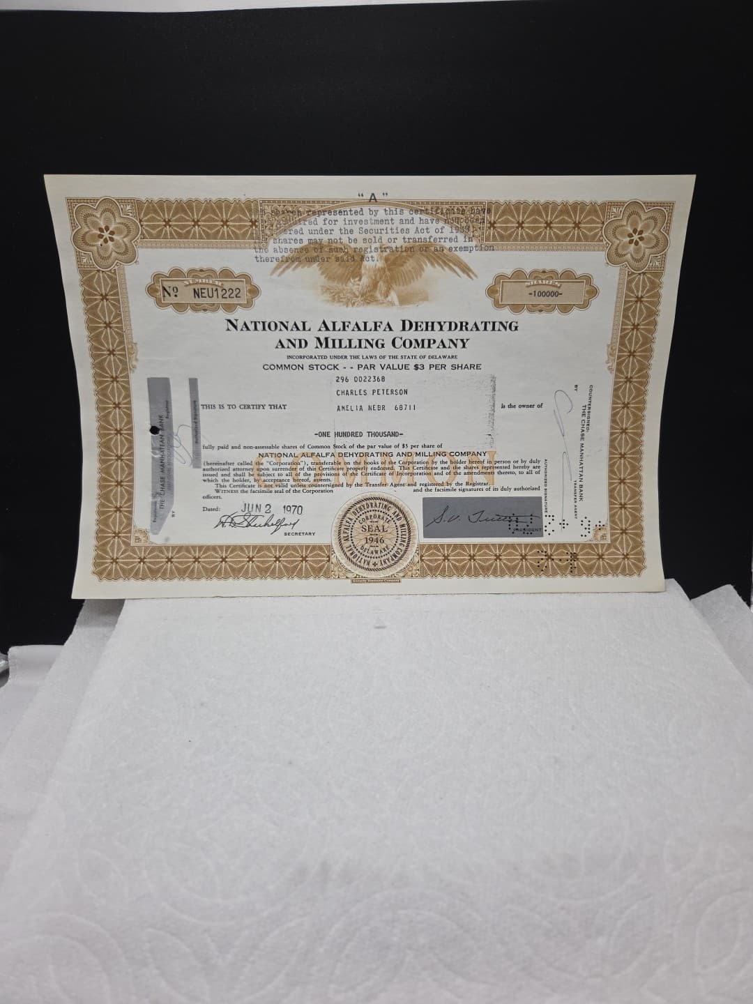 National Alfalfa Dehydrating And Milling Co. 100000 Stock Certificate  Shares