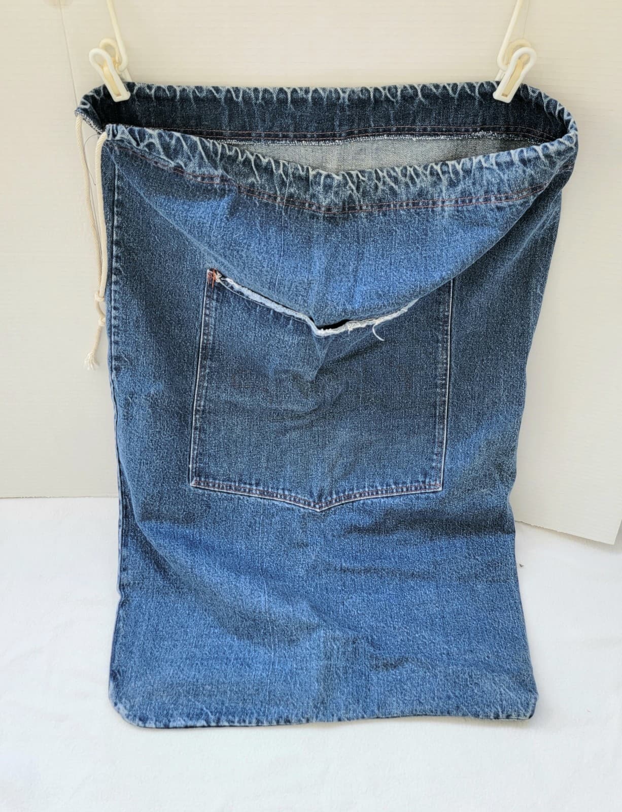Blue Denim Heavy Large Sack Laundry Bag Drawstring Front Pocket 33"x 22"
