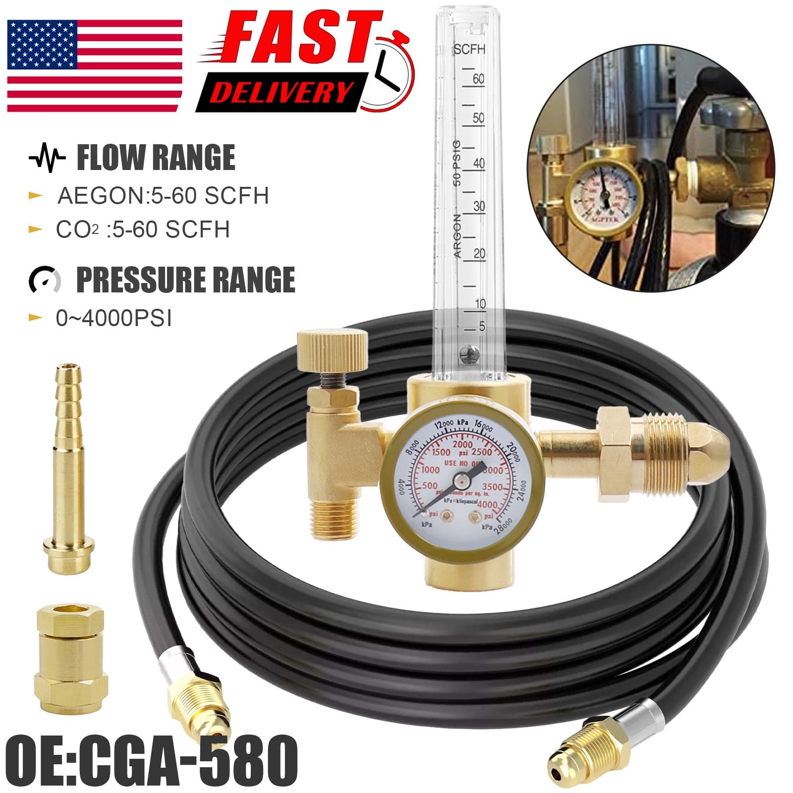 CO2 Argon Flow Meter Gas Regulator Gauge with Gas Hose Mig Tig Welding + Hose