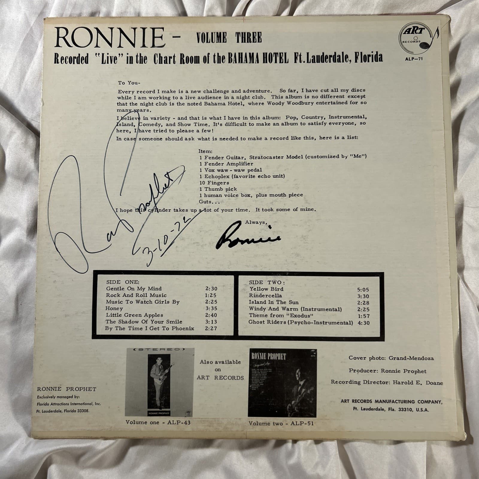 Ronnie Prophet Vinyl Record Volume Three Signed Autograph 2