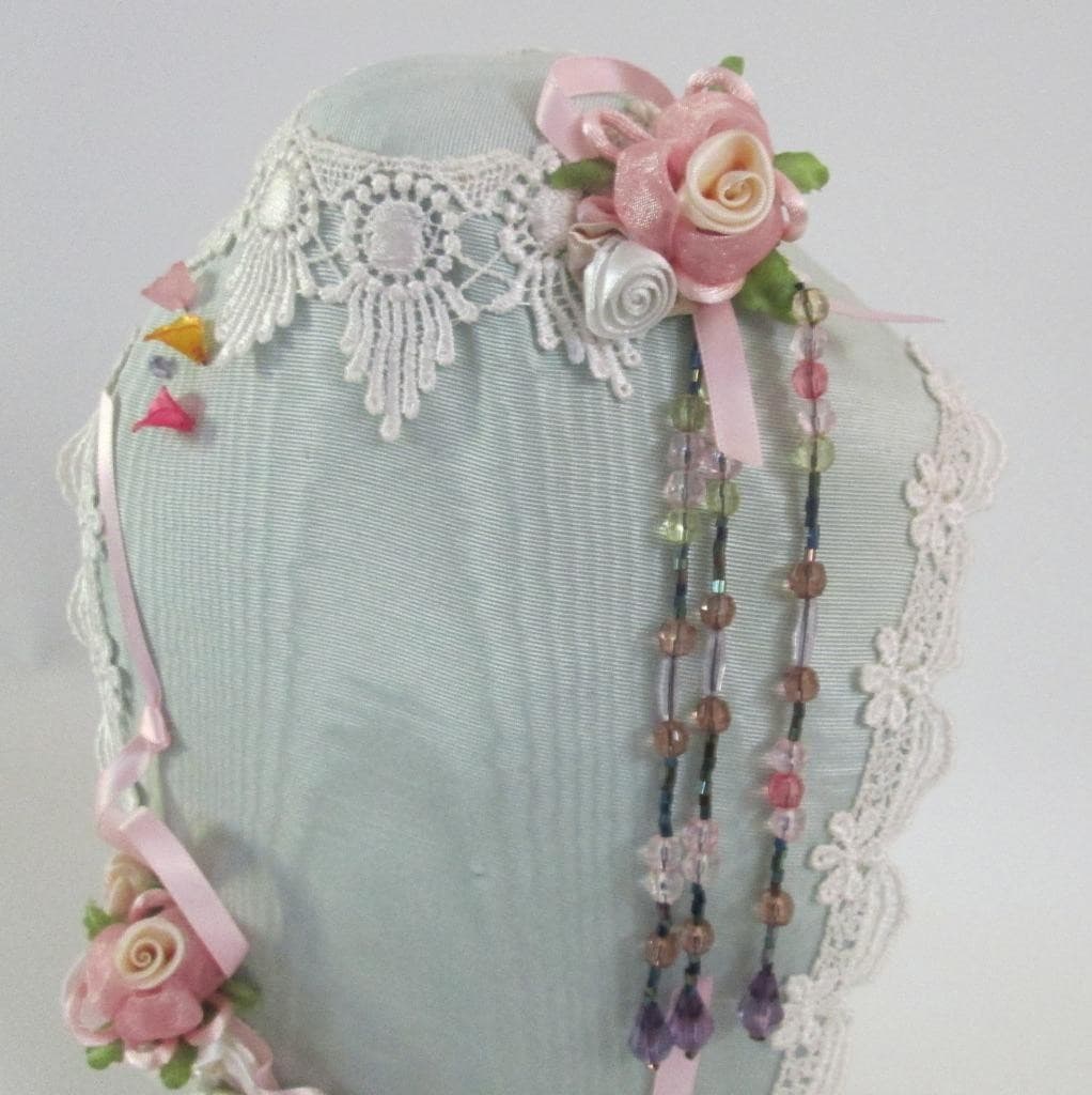 Handmade Jewelry Holder Victorian Theme Padded Necklace Display Ribbon Roses 6