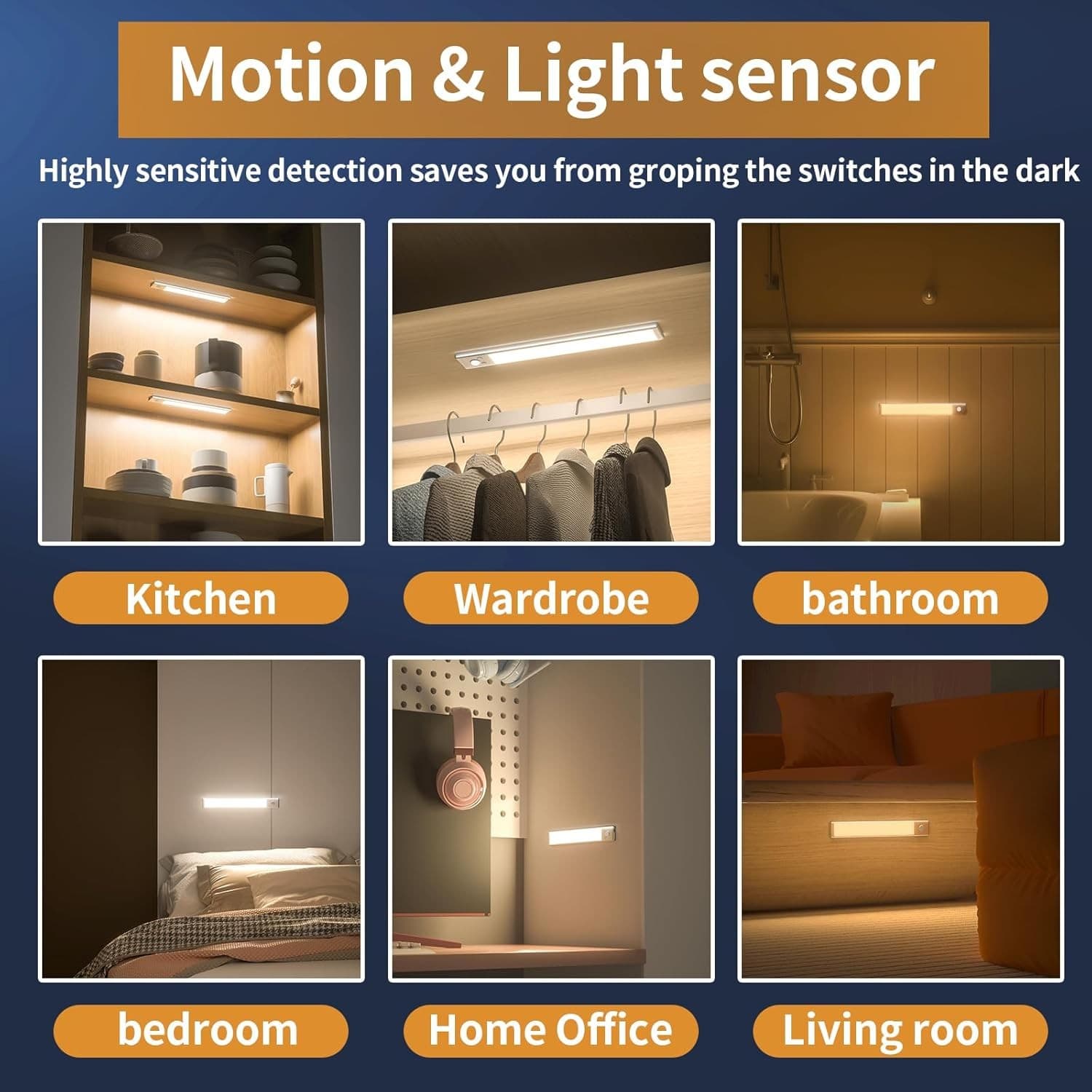USB Rechargeable Motion Sensor LED Lights, 2 Pack Magnetic 6