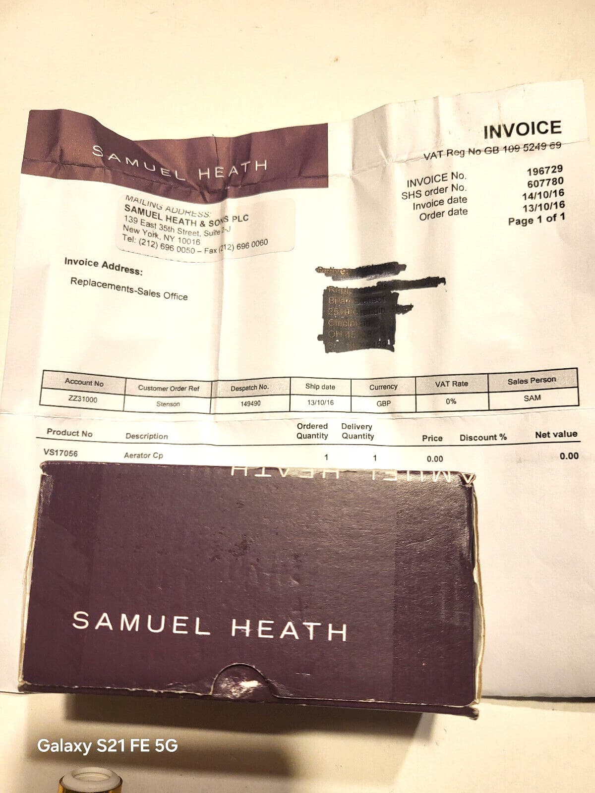 SAMUEL HEATH  Aeraton Value & cap # VS17065  (New Open Box) 3