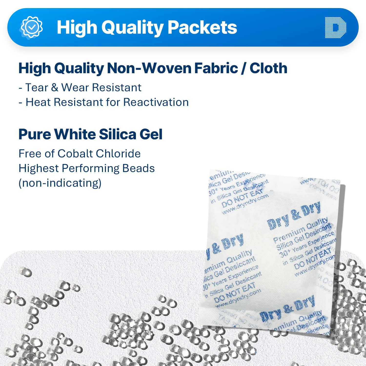 50 gram X 15 PK "Dry & Dry" Premium Silica Gel Packs - 2 Humidity Indicator Card 2