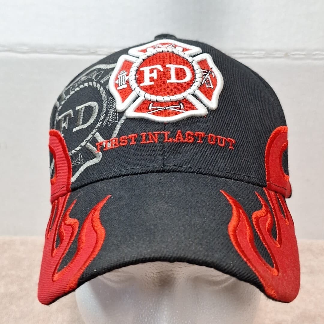 Vintage Fire Department Embroidered Black "First In Last Out" Flames Cap Hat 3