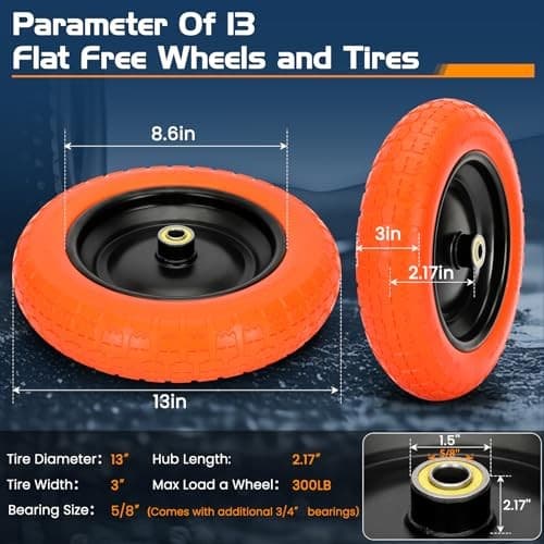 13" Flat Free Wheels Replacement for GOR Garden Cart Tires and 4 Orange 3