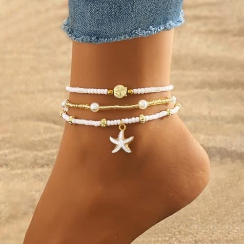 Bead Ankle Bracelets Set For Women, Adjustable Gold Boho Shell Starfish 3Pcs 3