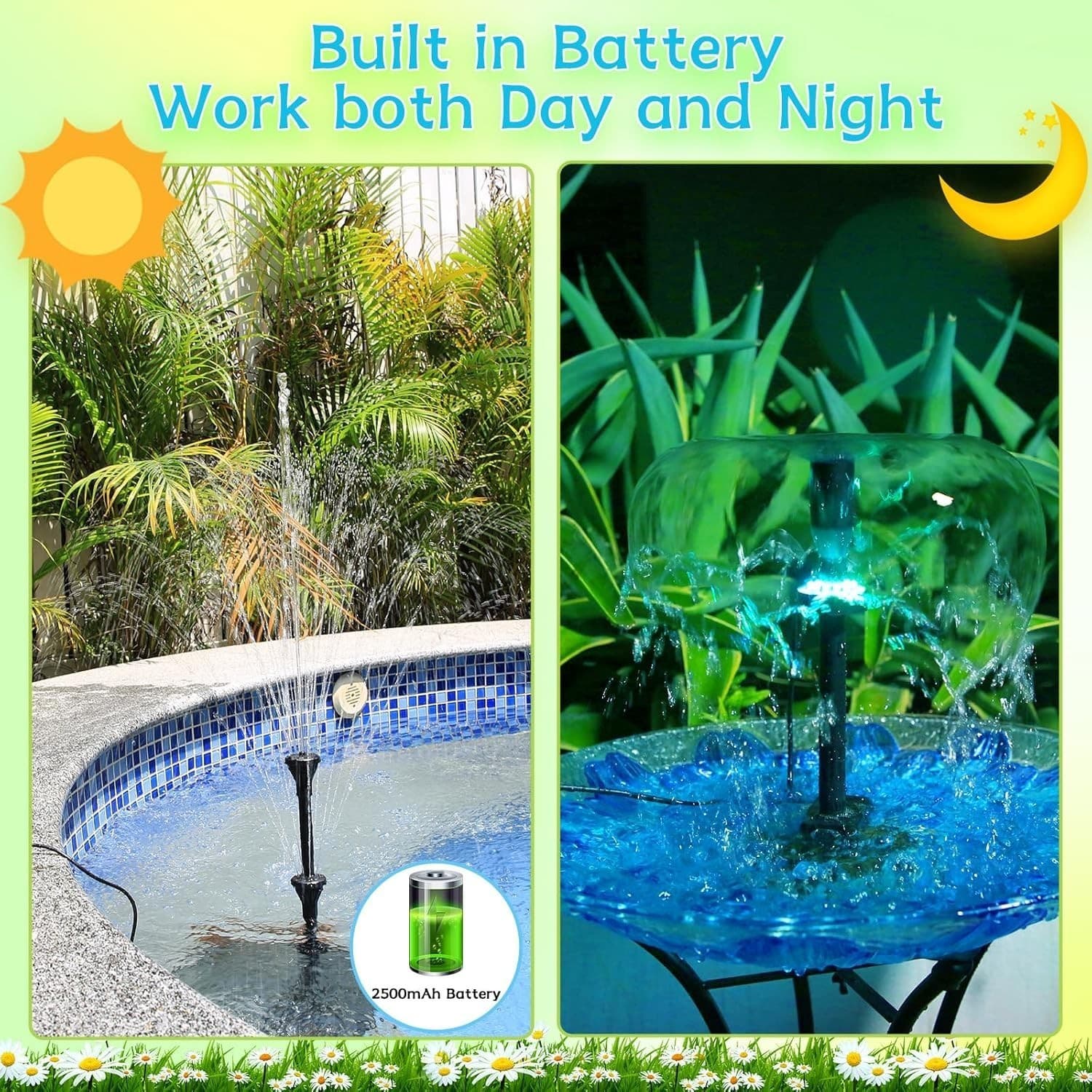 Solar  Fountain Pump 20W with 2500mAh Battery & 12 LED Lights for Pond/Garden 4