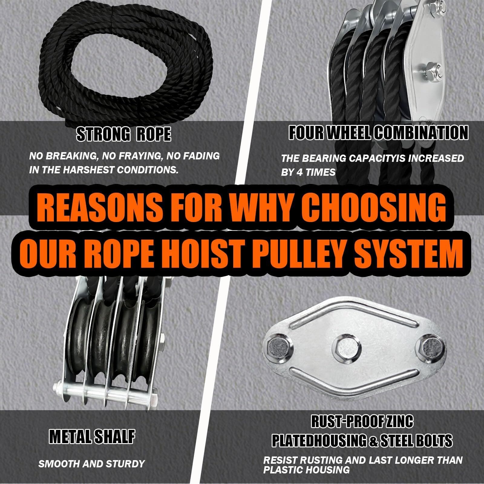 Rope Pulley Hoist 4400 LB, 8:1 Lifting Power Pulley Block and Tackle System 5