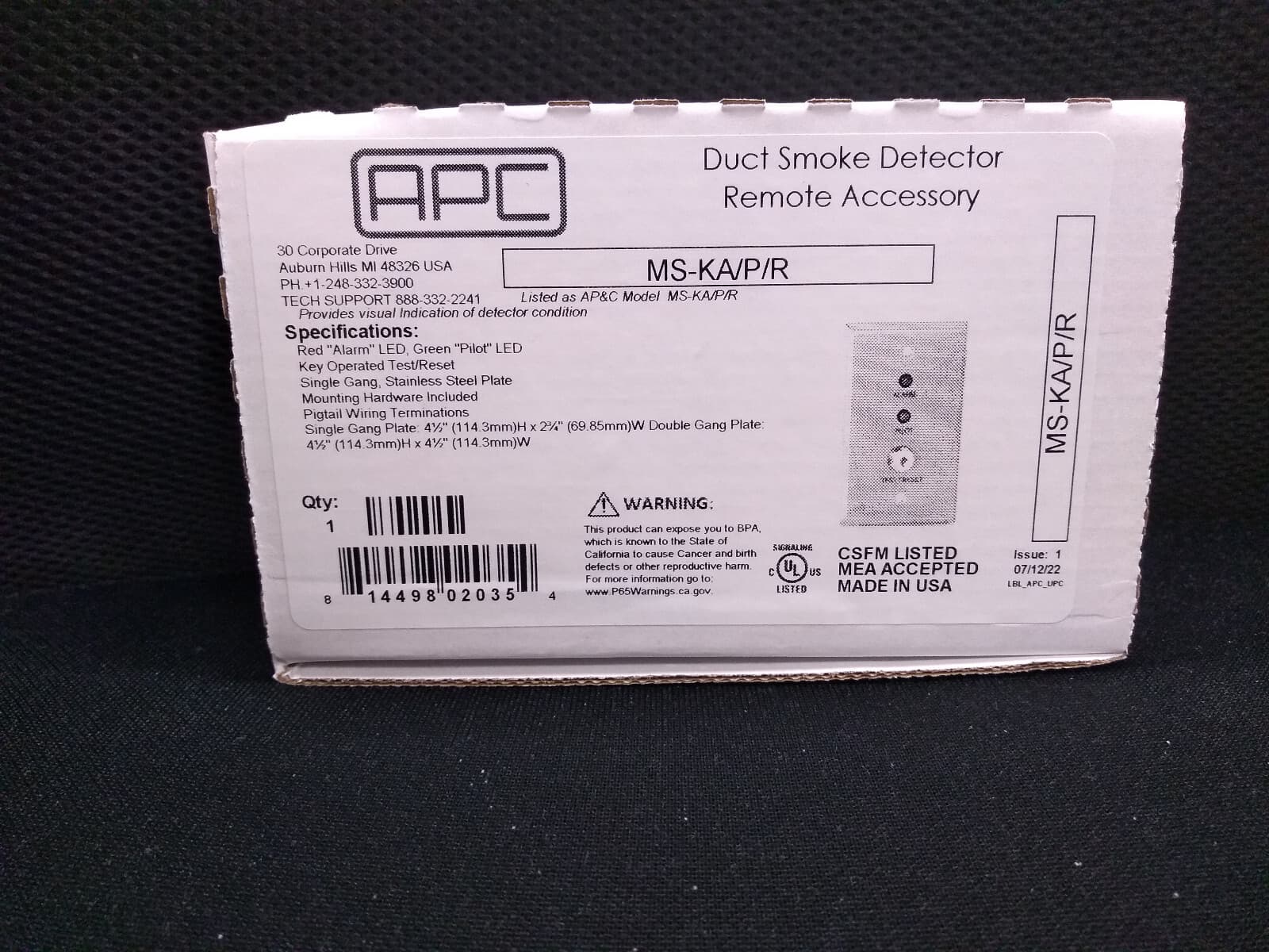 Air Products #MS-KA/P/R, Alarm LED (Red), & Pilot, Key Op. Test/Reset Switch.