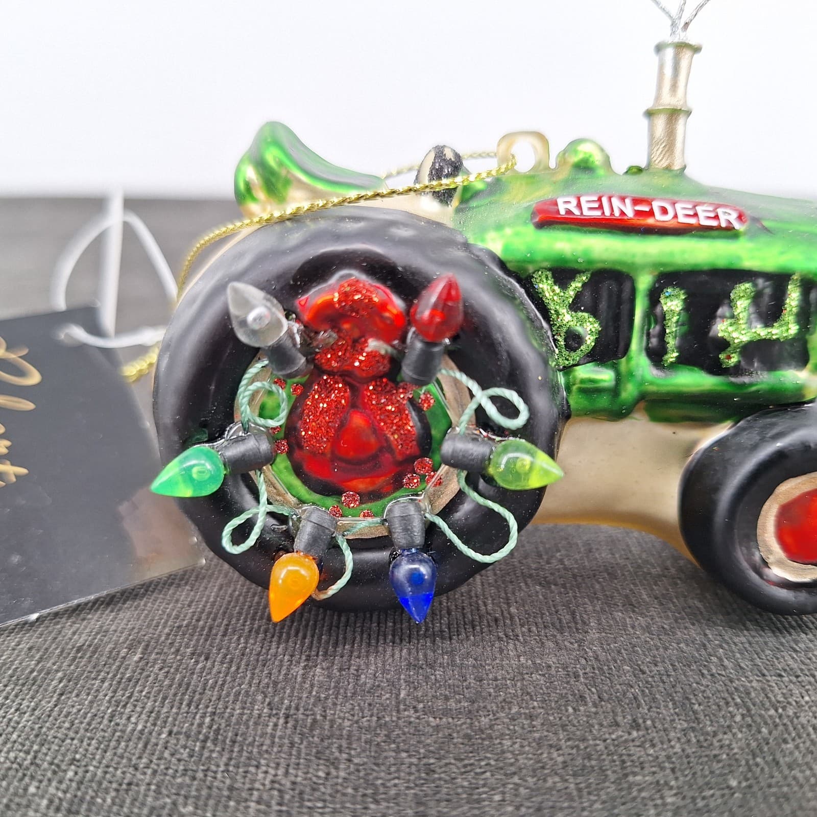 Reindeer Tractor Christmas Tree Ornament Glass Blown 2