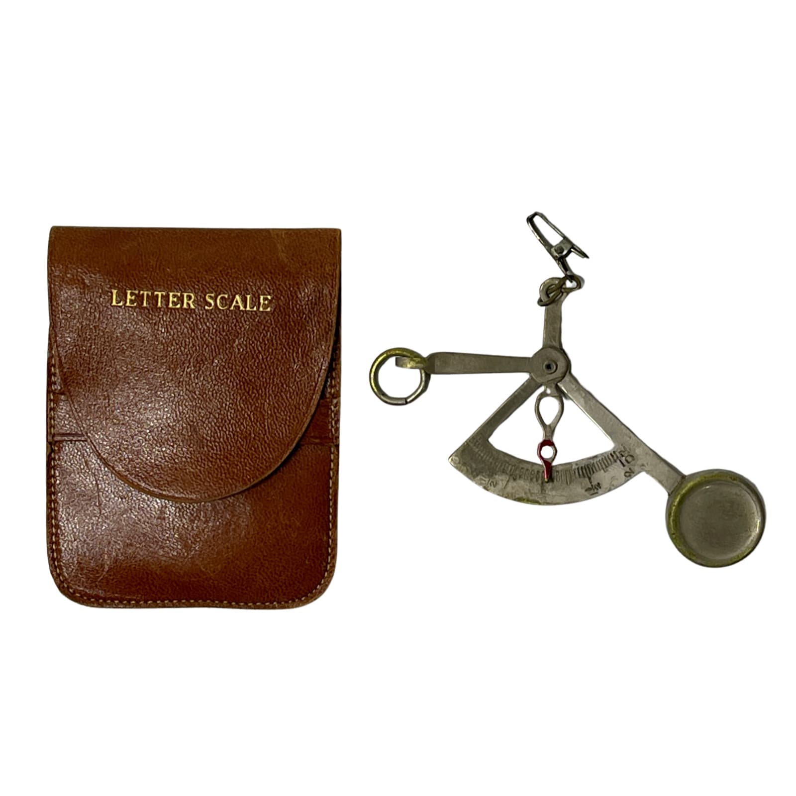 Vintage 1950s 60s Postal Scale Handheld Hanging w/ Leather Case Brass Balance
