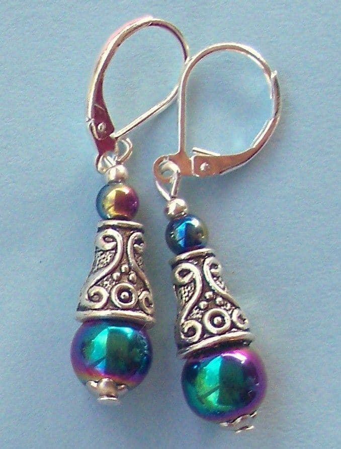 RAINBOW HEMATITE Bali cone earring SP LEVERBACK handcrafted XX 3