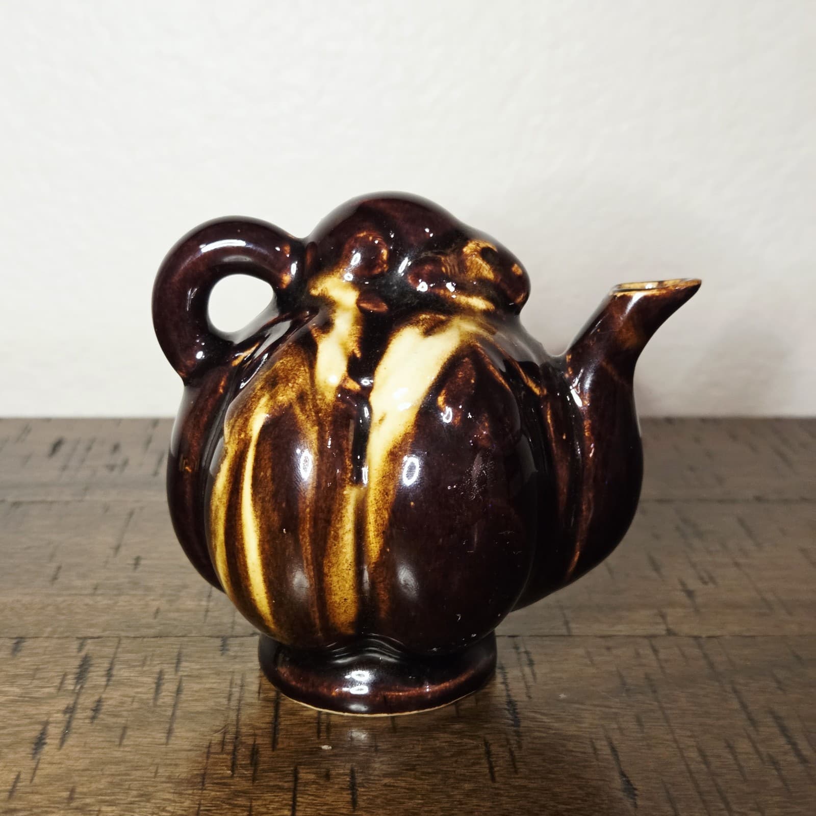 VTG Ceramic Brown Chinese Drip Glaze Pumpkin Teapot Rat Mouse Glossy Figurine 4