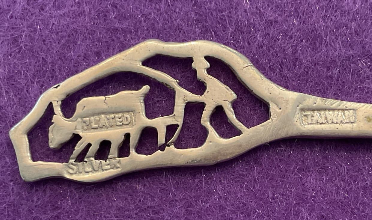 Asian Man Plow Rice with Water Buffalo Ox 4.75" Silver Souvenir Spoon Taiwan 5